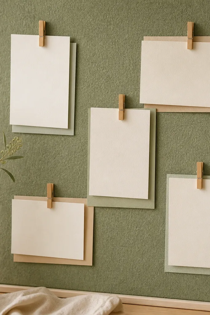 A sage green felt board with layered scripture cards. Each card has a slightly larger backing paper peeking out, and small wooden clothespins hold the layers in place.