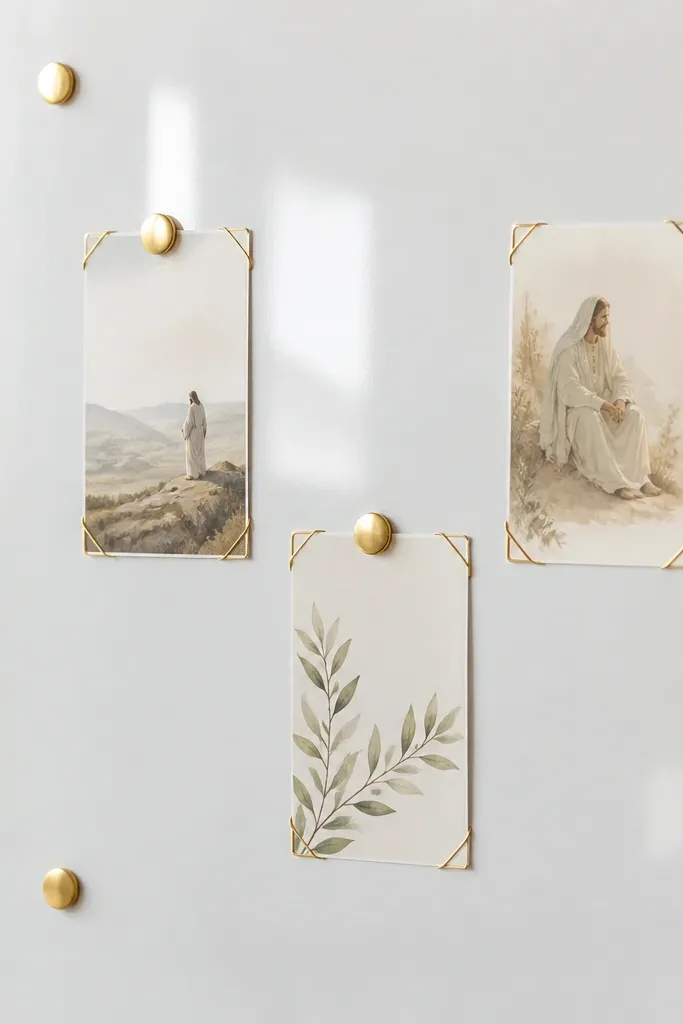 A glossy white board with gold pushpins. Prayer cards are held using corner frames made from thin gold wire or corner tape, leaving lots of negative space.