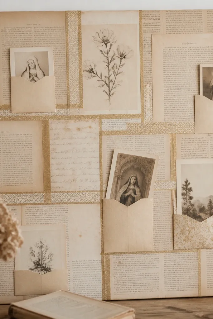 A board covered with vintage-looking book pages in sepia tones. Sections are outlined with thin washi tape lines in muted gold and cream. Small prayer cards are tucked into simple paper tabs.