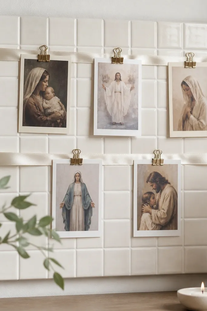 A board made from small ceramic-look tiles in off-white. Over it, satin ribbon loops hold prayer cards clipped with tiny binder clips. The tiles create a subtle grid texture.