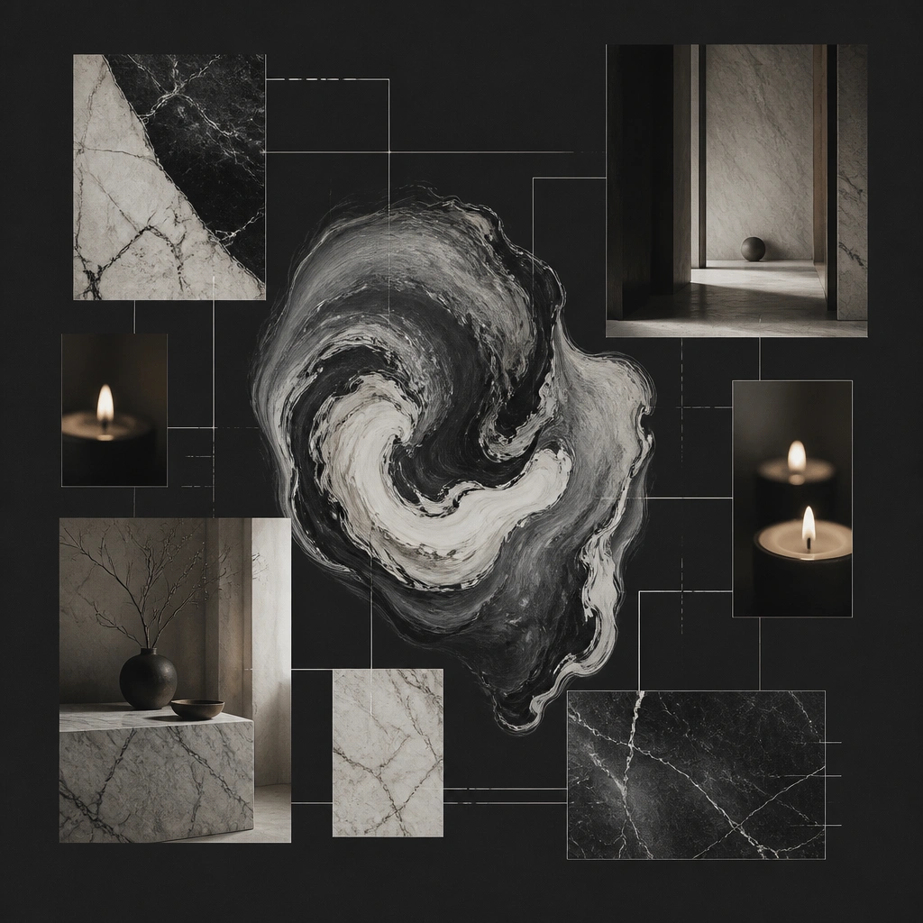 A dark charcoal background with a hand-painted marble swirl in the center. The board contains black-and-white photos of marble surfaces, minimal interiors, and candle flames. Thin white acrylic lines connect sections like a design blueprint.