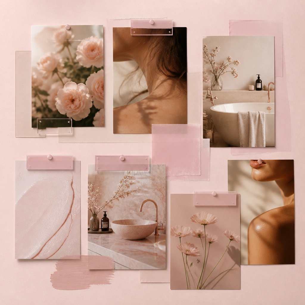 A blush-pink board with layered translucent overlays. Each photo has a small rectangular acrylic label in pale rose with white text. The images show soft florals, spa-like bathrooms, and warm skin tones.