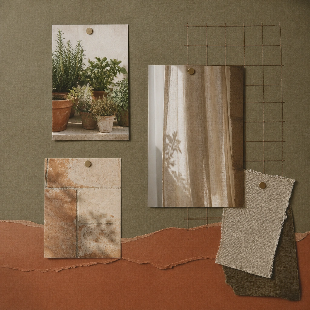 A board with textured olive paper and terracotta torn-paper strips along the bottom. Photos include potted herbs, sun-faded tiles, and linen curtains. A small string grid is drawn lightly in brown pen over part of the layout.