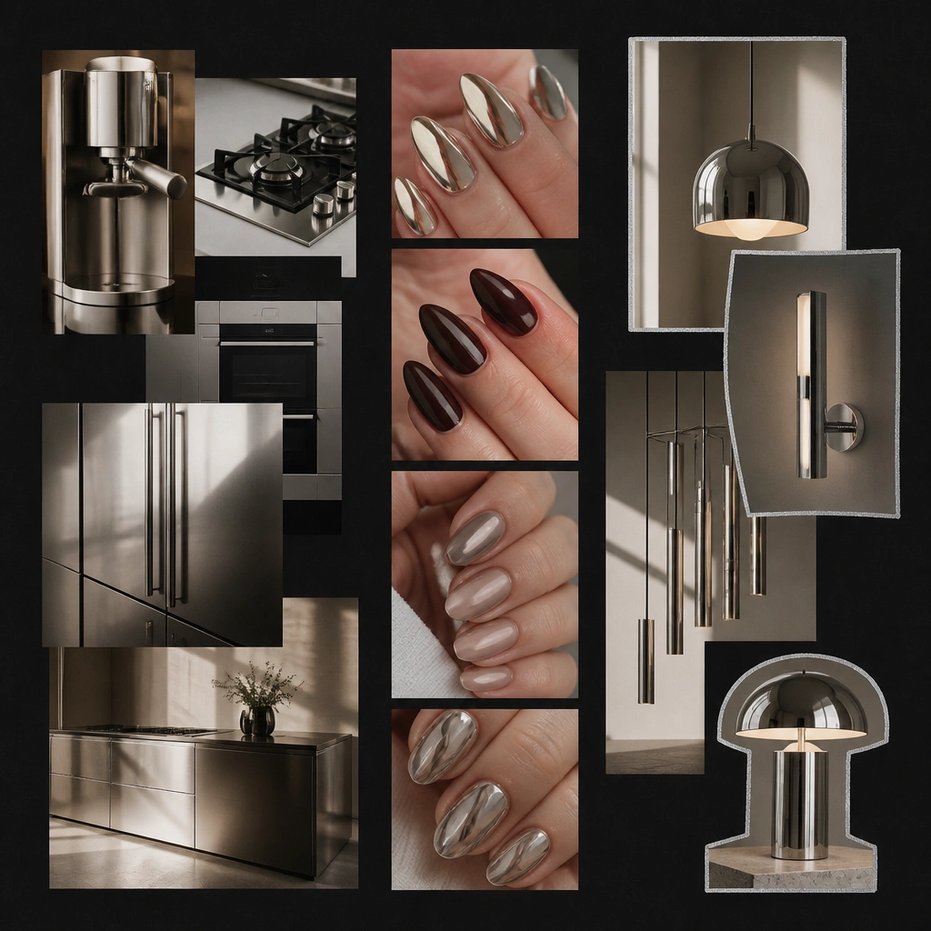 A matte black background with chrome-effect magazine cutouts. The photos show sleek kitchen appliances, glossy nail art, and modern lighting. A few pieces are outlined with silver paint pen, and the rest are placed in clean columns.