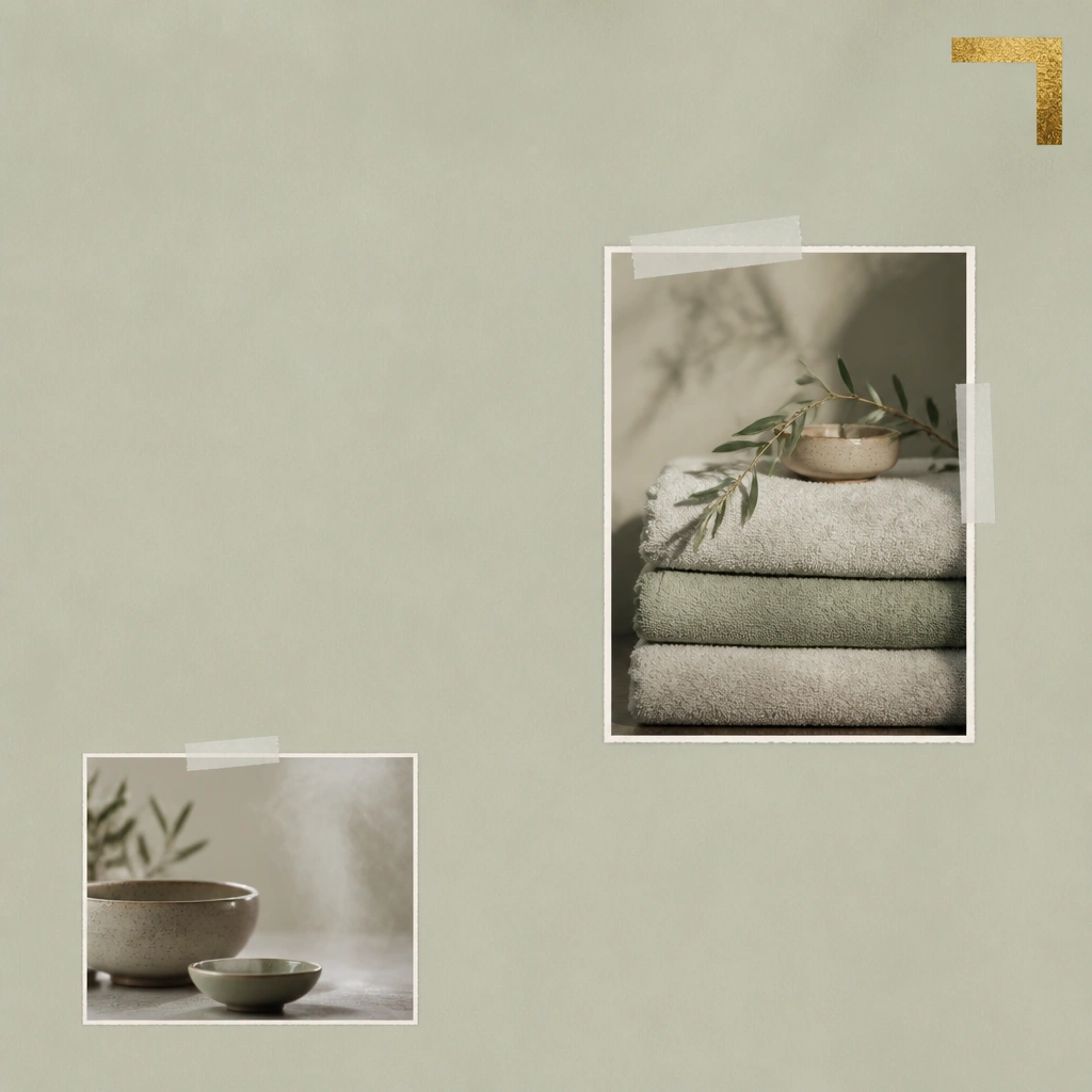 Light sage paper with lots of negative space. Photos include folded towels, ceramic bowls, and soft steam-like blur. Thin white tape frames the images; a single gold corner accent sits near the top right.