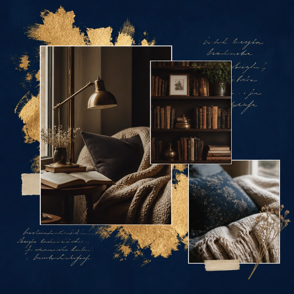 Deep royal blue background with warm gold leaf streaks. Photos show reading lamps, dark wood bookshelves, and cozy blankets. Gold leaf is concentrated behind the largest photo, with small handwritten quotes in cream ink.