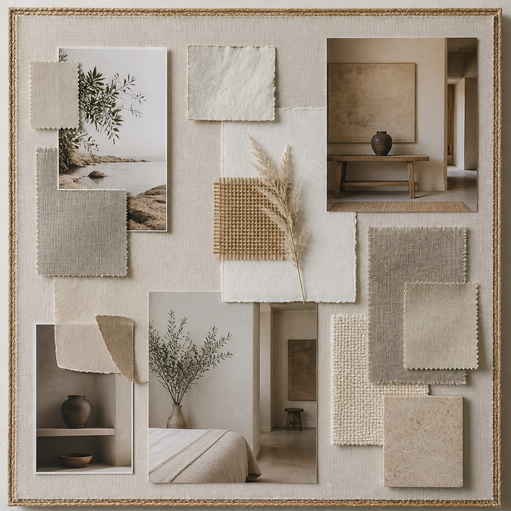 A beige board with visible fabric swatches stitched or glued in place. Photos sit on top of layered paper textures. There are tiny fibers (like jute) woven into a small border, and a neutral color palette dominates.