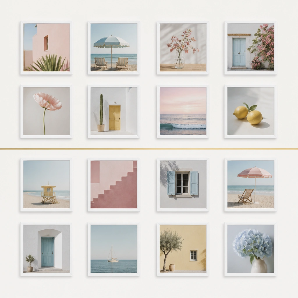 A clean white board with a strict grid. Photos are small and evenly spaced like framed prints. Pastel accents show in the photos: light pink, baby blue, and pale yellow. A thin gold line runs horizontally across the middle.