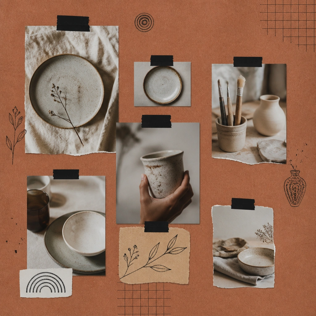 Terracotta paper with black ink doodle lines and small stamp-like icons. Photos show ceramic plates, pottery tools, and neutral table settings. Some images have torn edges and are layered with thin black tape.