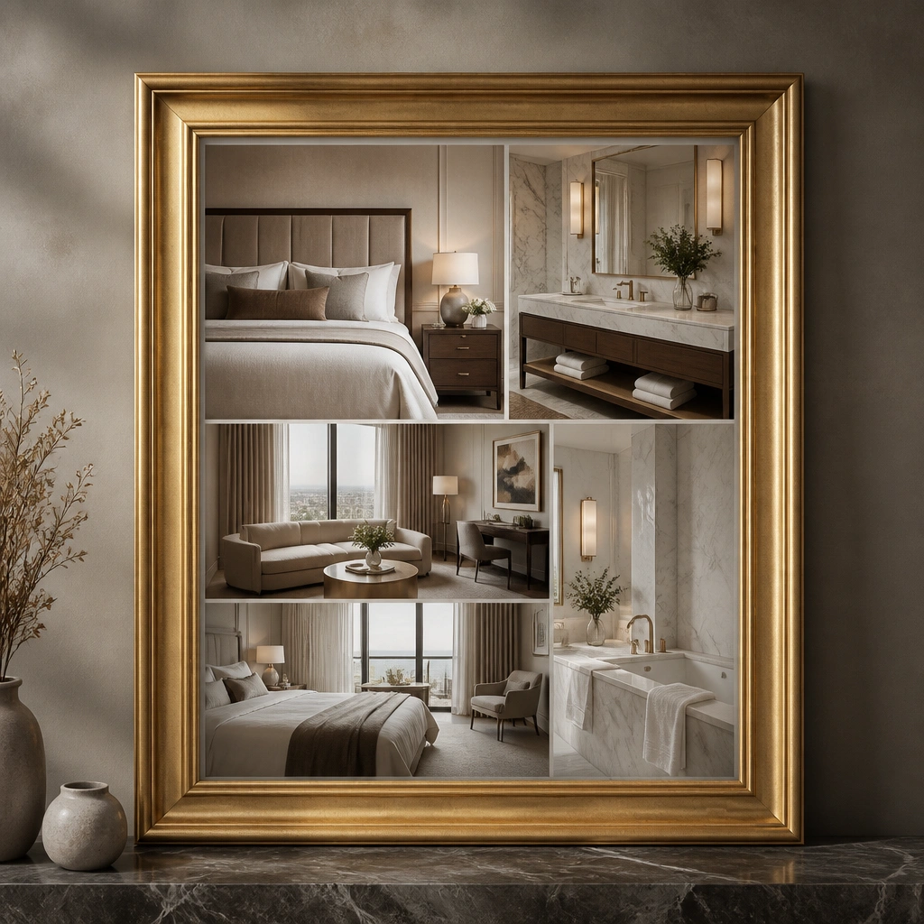 A board centered on a large gold foil frame. Inside the frame are photos of hotel suites: headboards, marble bathrooms, and soft lighting. The outer edges are muted gray, and the labels are typed in a simple sans-serif style.