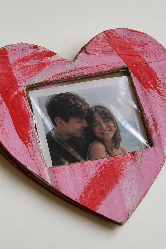 A heart-shaped frame made from brown cereal box cardboard, painted pink and red, with a small photo printed on white paper tucked behind a clear tape window.