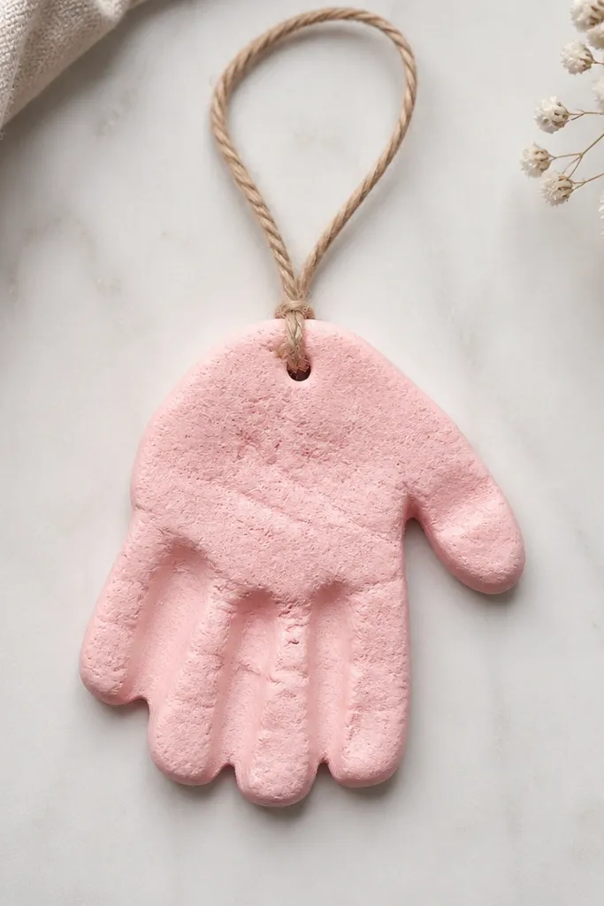 A dried salt-dough handprint shaped like a small ornament, painted softly in pastel pink with a string loop at the top.