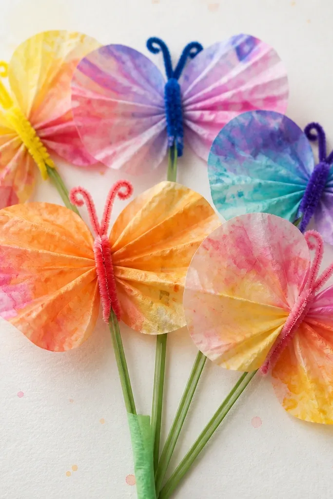 Multiple coffee filter butterflies fanned out on paper, colored with water drops and marker watercolor, with pipe-cleaner bodies and taped stems.