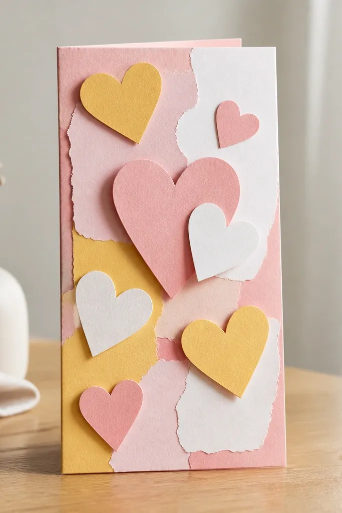 A folded card banner standing upright with layered cut-out letters and small hearts, made from pink, yellow, and white scrap paper.