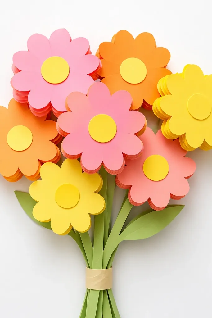A bouquet made from stacked sticky notes shaped into petals, with green paper stems and a yellow center circle on a white background.