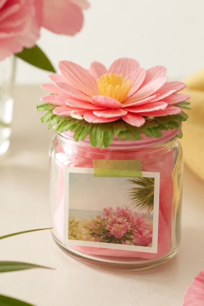 A small glass jar with a paper flower lid and a mini photo taped to the front, in bright pink, yellow, and green.