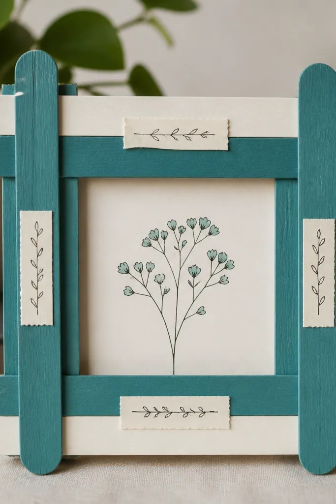 A square frame built from popsicle sticks, painted in teal and white, with a small printed drawing and tiny handwritten quote strips on the sides.