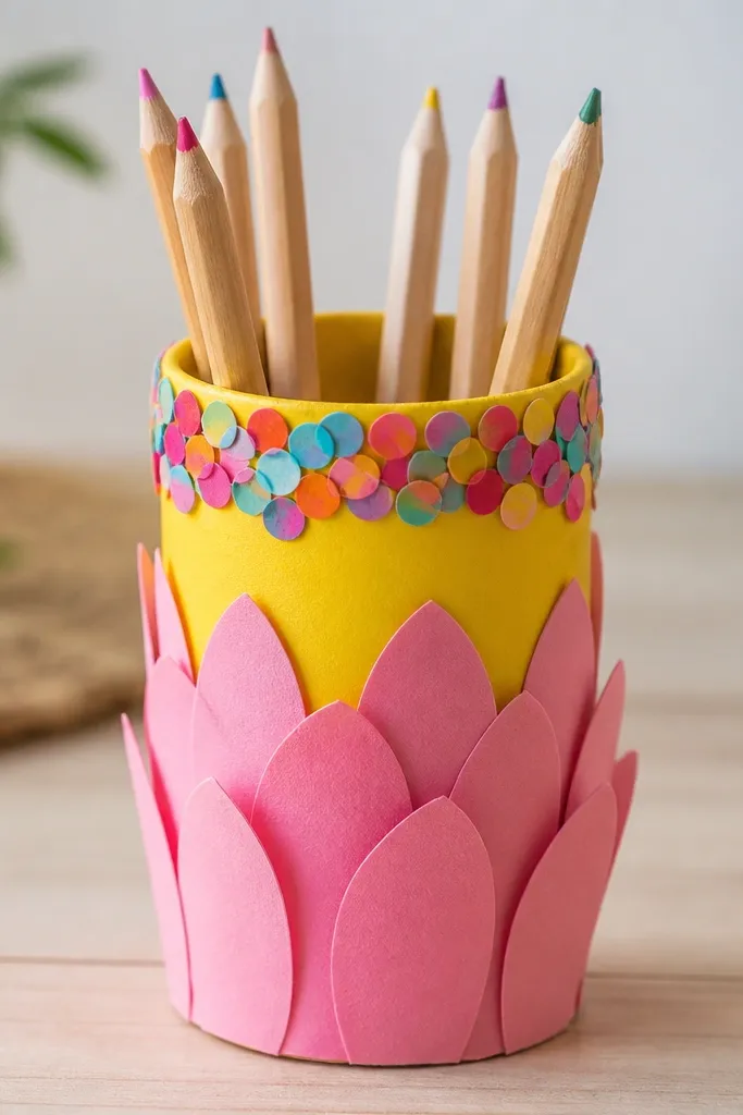 A pencil holder made from a cardboard tube painted bright and wrapped with paper petals, with confetti glued around the top rim.