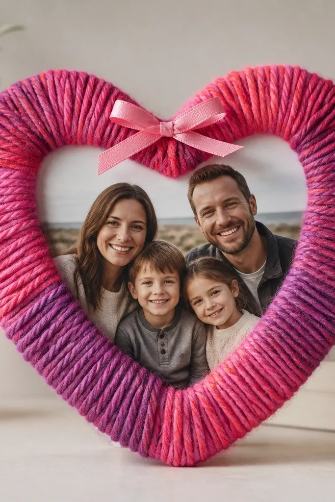 A child-made heart-shaped frame wrapped in thick yarn, with a printed family photo centered inside and a small ribbon bow at the top.