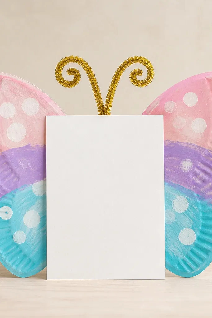 Two paper plate halves painted like butterfly wings, with glittery antennae and a blank card panel in the center for a message.