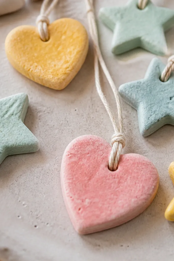 A close-up of small salt dough pendants shaped like hearts and stars, with painted colors and a string loop for a keychain.