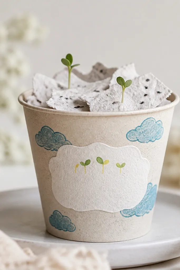 A small paper pot with hand-drawn clouds and a label, with seed paper pieces tucked on top like soil and tiny sprouts illustrated.