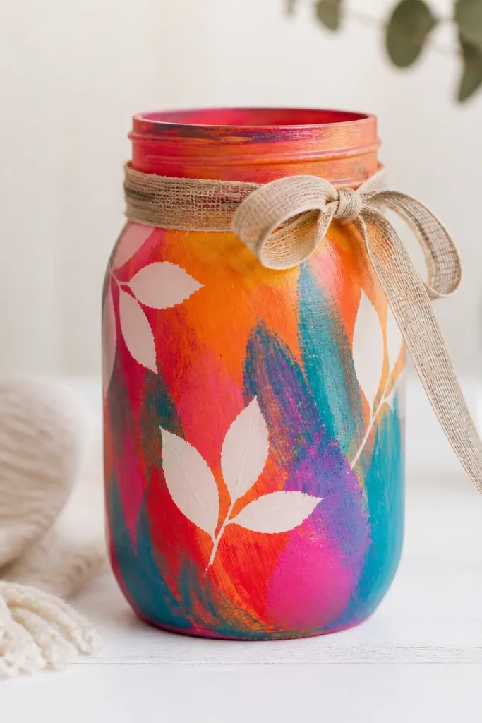 A mason jar painted with bright colors, with leaf-shaped stickers left unpainted as resist lines, and a ribbon tied around the neck.
