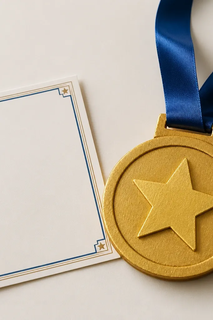 A medal made from cardboard painted gold, with a ribbon and a big star on the front, plus a small printed certificate card.