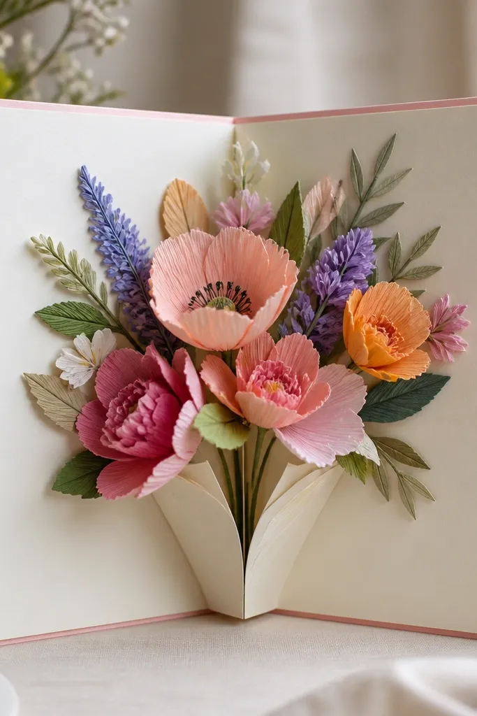 A greeting card opened to reveal a pop-up paper bouquet, with layered crepe-like paper petals and a handwritten sentiment on the inside.