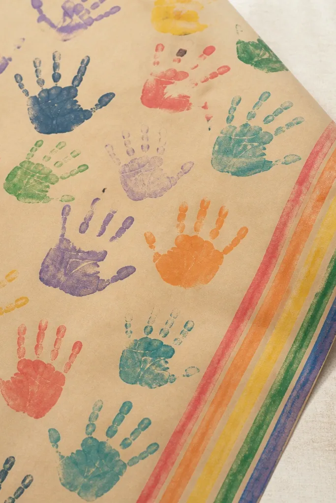 A sheet of kraft paper covered in repeated handprint stamps in different colors, with a small rainbow border on one edge.