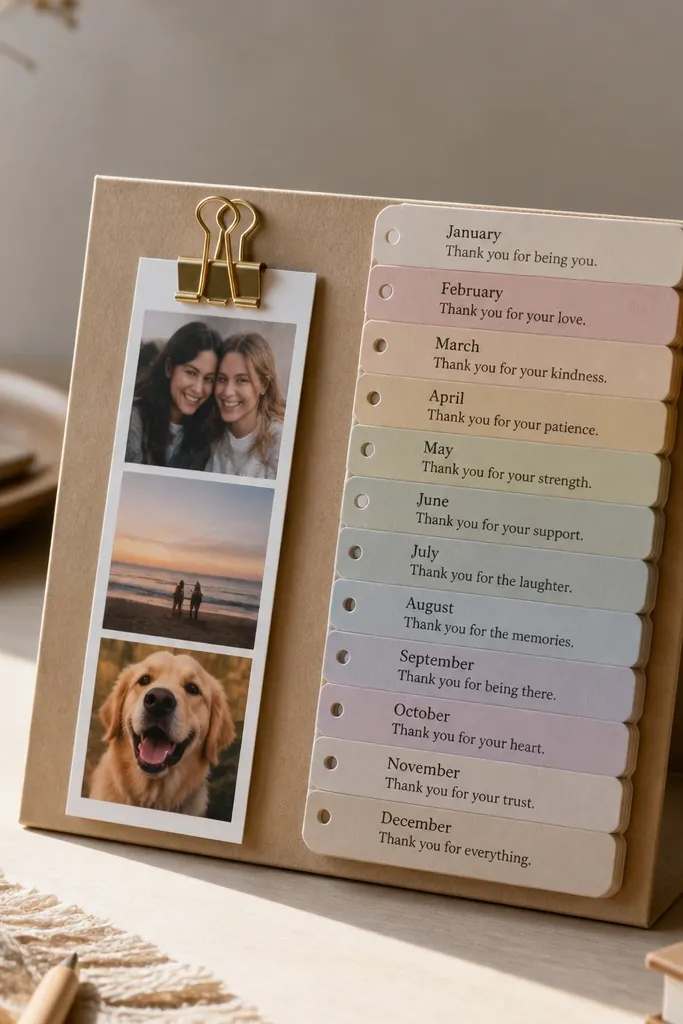 A small cardboard calendar with 12 tabs, each labeled with a month and a thank-you sentence, plus a clip holding a photo strip.
