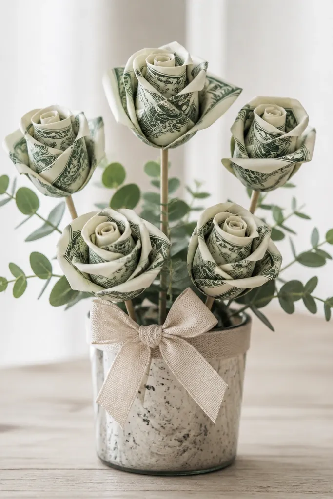A small metal candle cup holding 5 upright bill roses on thin sticks, with a few faux eucalyptus sprigs and a neutral bow across the rim.