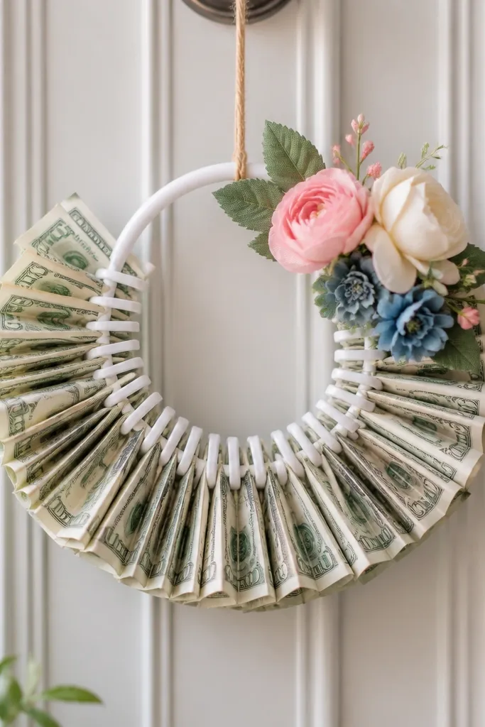 A wreath-like bouquet made from a plastic shower curtain ring, with folded bills clipped in a circular pattern and small fabric flowers attached near the top.