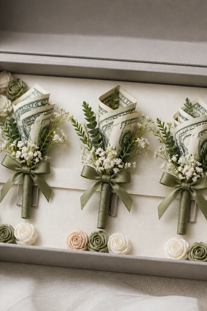 A small rectangular gift box lid open like a display, with three bill boutonnieres clipped to a ribbon and surrounded by tiny ribbon rosettes.