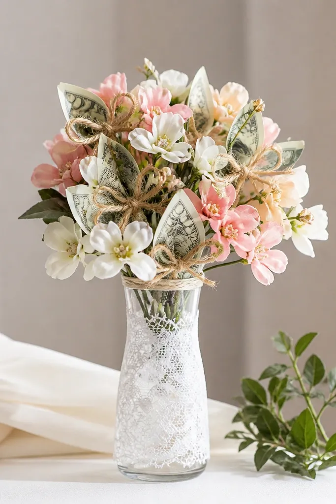 A compact bouquet of small silk flowers with money tags tied at the centers, placed in a narrow vase with white lace trim.