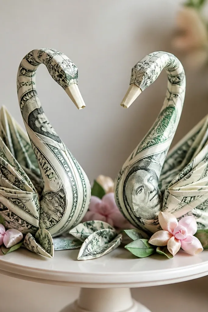 Two bill swans perched on a small decorative stand, with tiny ribbon flowers and a few folded bill feathers around the base.