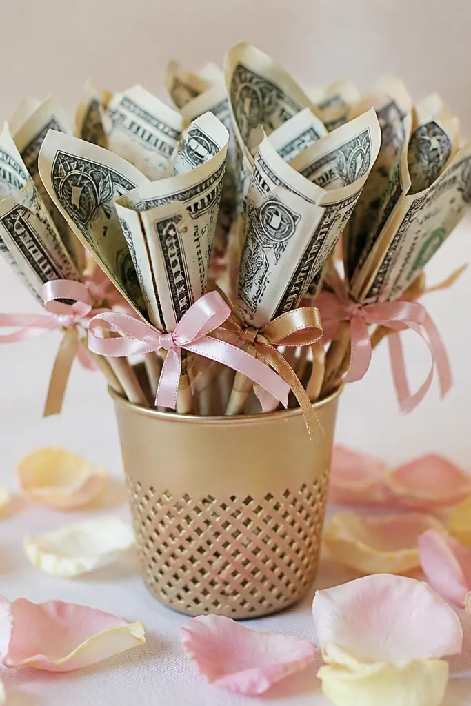 A small cup holder filled with ribbon-wrapped skewers topped with folded money, with pastel paper petals scattered around the base.