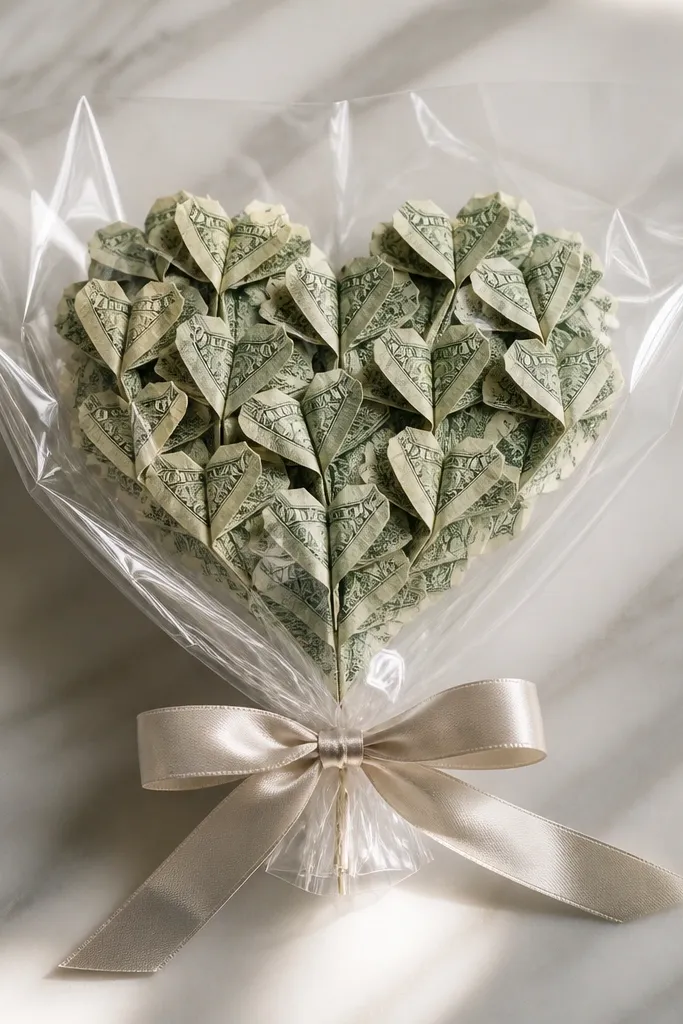 A compact heart-shaped arrangement of folded bill hearts in a clear cellophane sleeve, tied with a satin bow.