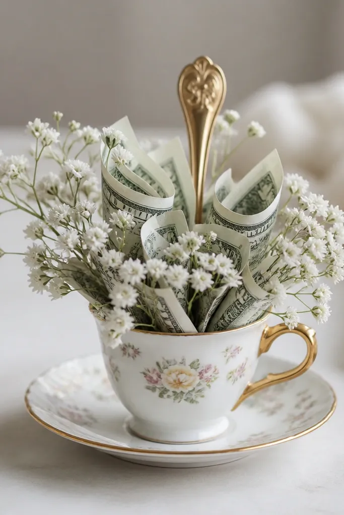 A small teacup filled with clustered folded bills and miniature white baby’s breath sprigs, with a gold spoon handle used as a display stem.