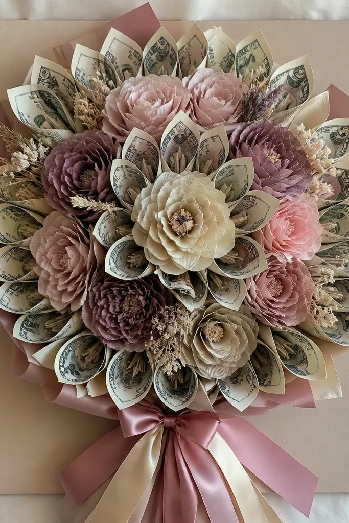 A flat bouquet made of layered paper flowers where the outer petals are folded bills, shown on a board with ribbon ties.