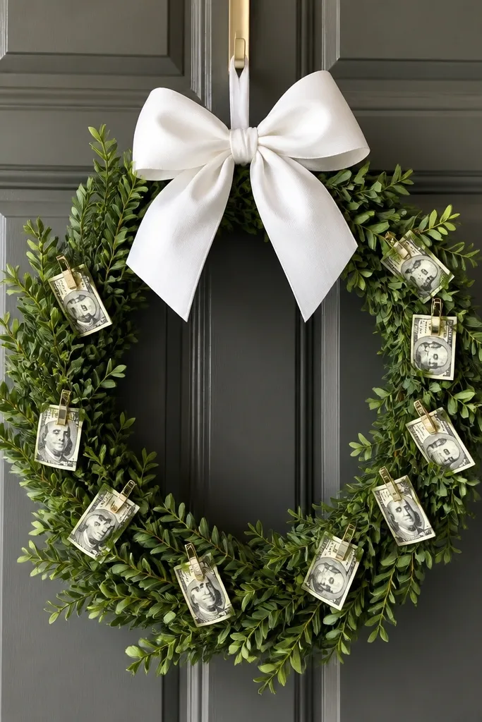 A circular greenery wreath with small money clips attached like leaves, plus a white bow at the top, hanging on a door.