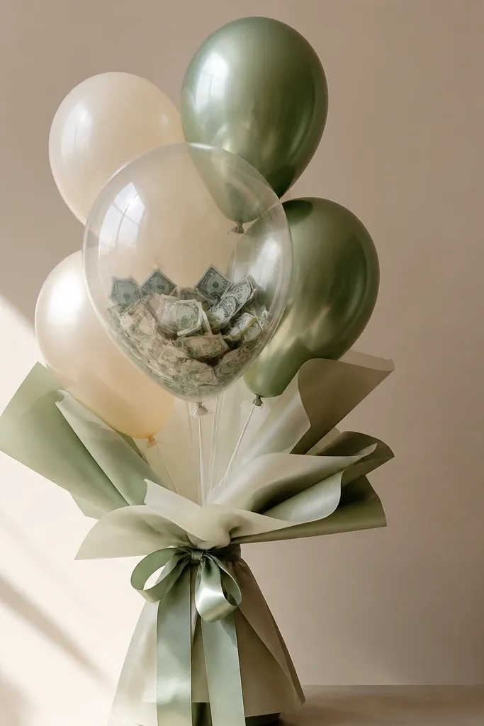 A small cluster of balloons with a clear balloon containing folded bill confetti, plus a ribbon bouquet wrap around the stems.