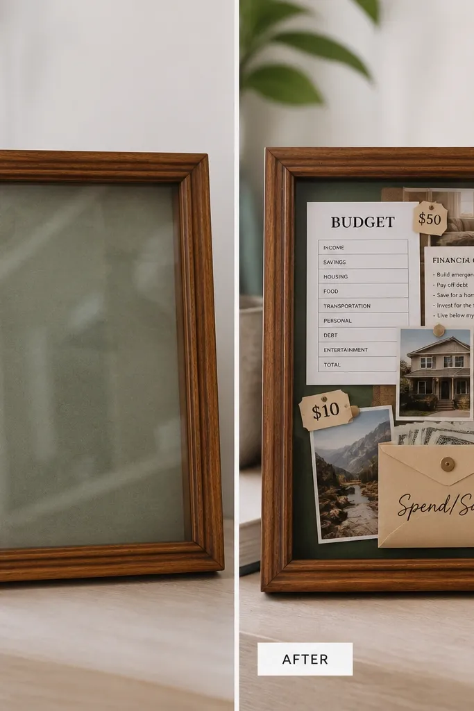 Before: a thrifted wooden frame with faded glass and no photos inside. After: the frame holds a layered collage of printed budget goals, tiny “$50” and “$10” price tags, and a small envelope labeled “Spend/Save” at the bottom.