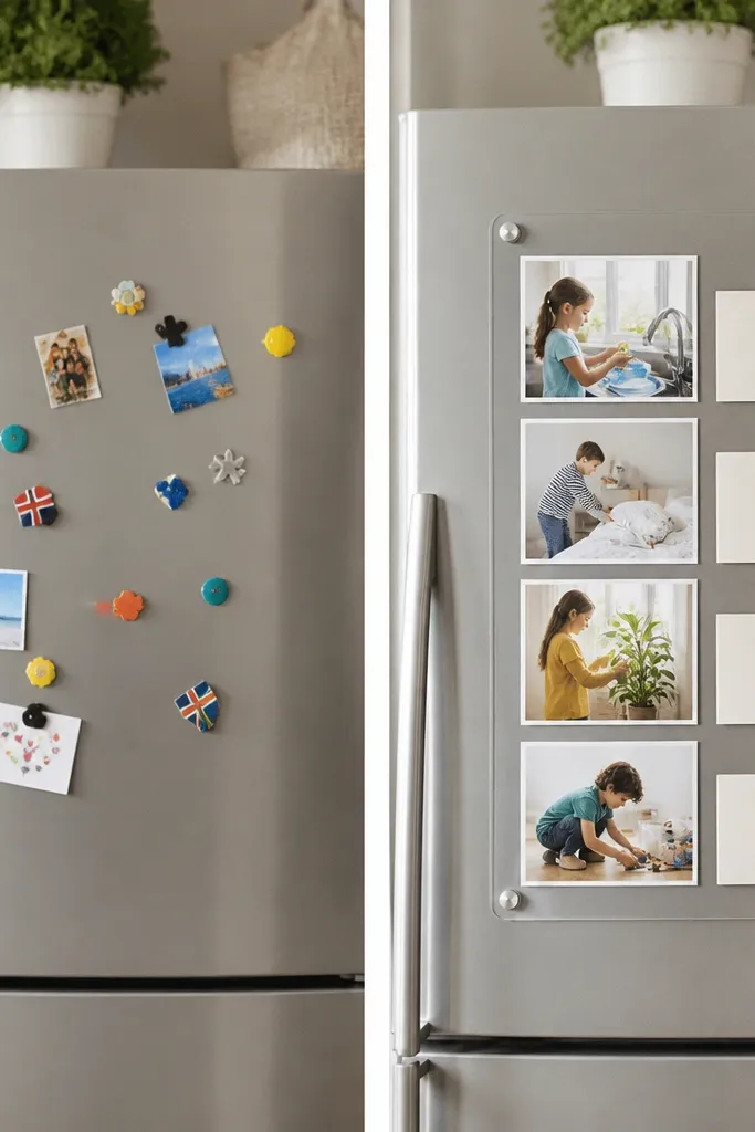 Before: a fridge door with random magnets and no organized display. After: a magnet board or acrylic organizer holds photo “windows” (printed lifestyle pics) with labeled chore cards clipped beside each photo.