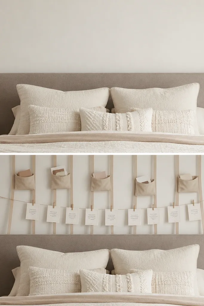 Before: a plain headboard with no wall styling. After: a string of beige fabric ribbons hangs behind the bed with small fabric pockets holding folded goal cards; a row of tiny clothespins displays printed affirmations.