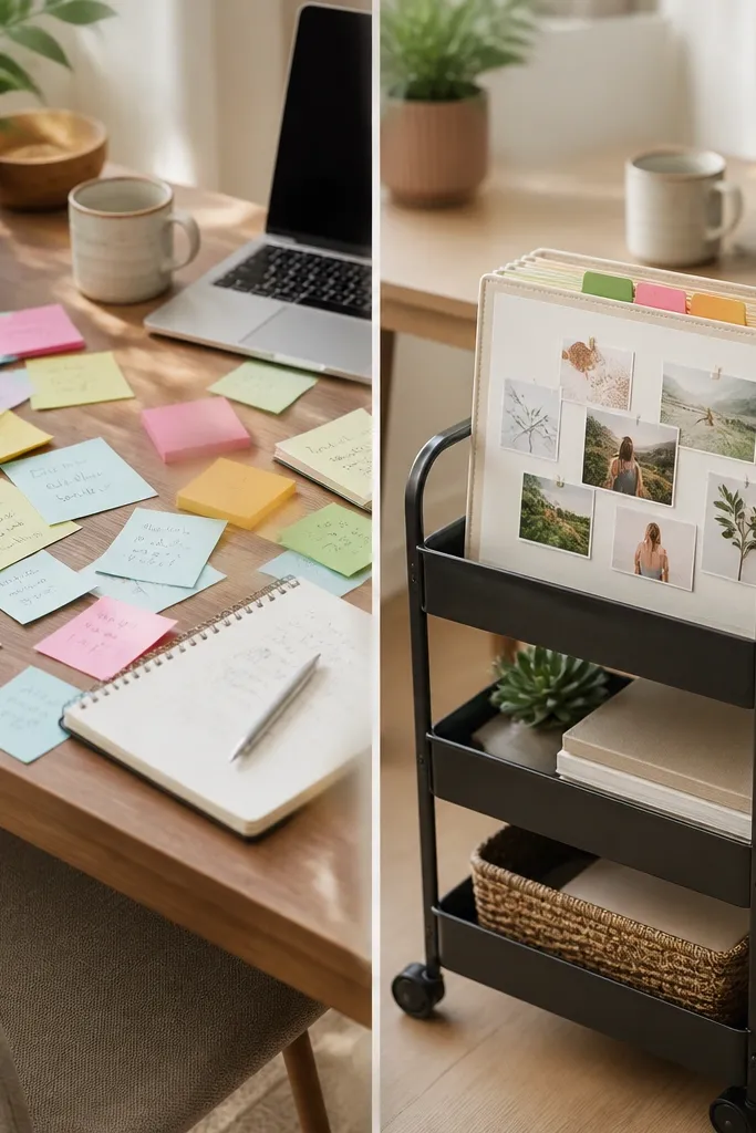 Before: a cluttered desk with loose sticky notes. After: a small rolling cart holds a vision board folder; the board has rotating tabs labeled “Today,” “This Week,” and “Long Term,” each with a different color tab.