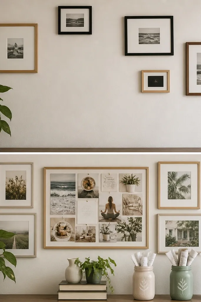 Before: a gallery wall with mismatched frames and blank space. After: a coordinated set of frames includes a vision board center panel, plus two mason jars labeled with painted words like “Health,” “Home,” and “Growth,” holding tiny rolled-up goal papers.