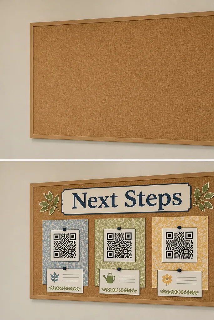 Before: a hallway wall with a blank corkboard and no signage. After: the board has a bold “Next Steps” header, three QR codes on decorative paper, and small bullet cards underneath each code with one action each week.