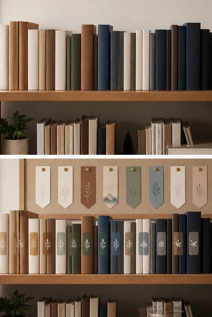 Before: a shelf with books and no décor. After: book spines are labeled with painted tags (like “Focus,” “Creative,” “Rest”), and a board behind the shelf holds bookmark-shaped goal cards pinned with small brass tacks.