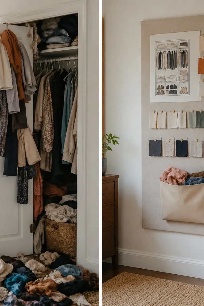 Before: a closet door with clothes spilling out and a messy floor. After: the same wall area has a small vision board panel showing a color-coded closet plan, with mini fabric swatches pinned to match categories and a “donate pile” envelope at the bottom.